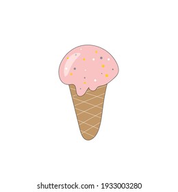 Ice cream with a waffle tube on a white background with pink icing. Vector illustration.