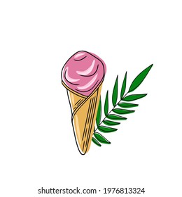 Ice cream with a waffle tube with a tropical green leaf on a white plate with pink frosting. Vector illustration of summer sweetness