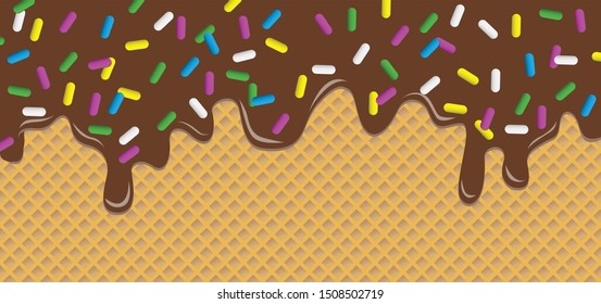 Ice cream waffle wafer background with chocolate sauce Vector icon icons sign signs fun funny Sweet ice cream Waffle cup Icecream scoop vacation dessert foot Belgian wafers drops drop. Sugar