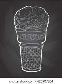 Ice Cream in a waffles isolated on chalkboard background. Hand drawing doodle vector