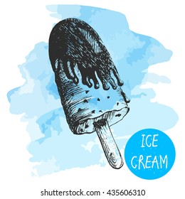 of Ice Cream in a waffles on blue background watercolor. vector sketches.hand drawn sketch style. with chocolate on a stick