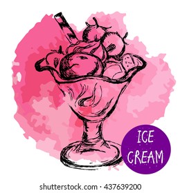 of Ice Cream in a waffles on pink background watercolor. vector sketches.hand drawn sketch style. balls in the cup