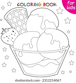 Ice cream with waffles and strawberries in a glass bowl. Relaxation coloring template.