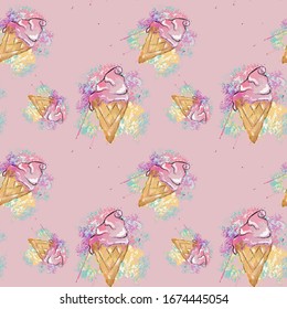 Ice cream watercolor seamless pattern. Vector illustration.