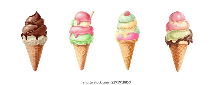 Acuarela de helado. helado de verano realista, helado, fresa, naranja, chocolate en un estilo vintage aislado de fondo blanco. Ilustración del vector