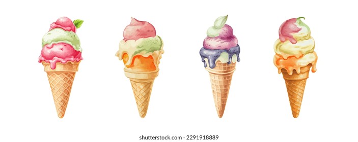 Ice cream watercolor set. Realistic summer ice cream cone, strawberry, orange, chocolate in vintage style isolated on white background. Vector illustration