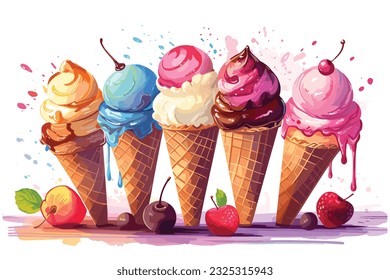 Ice cream watercolor set. Realistic summer ice cream cone, strawberry, orange, chocolate in vintage style isolated on white background