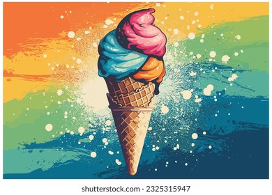 Ice cream watercolor set. Realistic summer ice cream cone, strawberry, orange, chocolate in vintage style isolated on white background