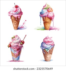 Ice cream watercolor set Vector illustration isolated on white background summer ice cream cone, strawberry, ice lolly with fruits and waffle cone