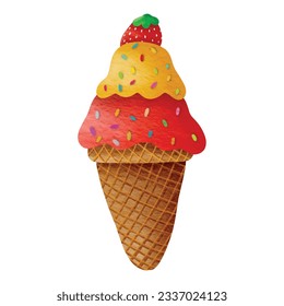  Ice cream watercolor. ice cream in a waffle cone.  Flat style Isolated vector illustration for web design. Melting strawberry ice cream. 