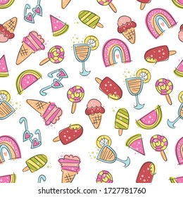 Ice cream, watermelon, cocktail, rainbow. Sweets, cold drinks, sunglasses. Cartoon doodles. Seamless vector pattern (background). Summer print.