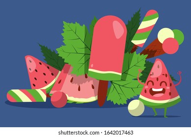 Ice cream with watermelon flavor, gelateria cafe advertisement vector illustration. Watermelon slice funny cartoon character, mascot of creamery summer campaign. Gelato shop promotion poster ice cream