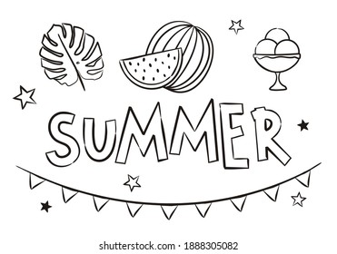 Ice cream, watermelon, jungle leaf. Summer coloring. Elements for seasonal calendar. Hand-drawn doodle objects isolated on white background. Vector illustration