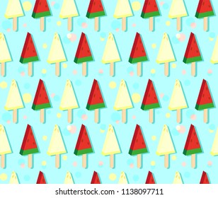 Ice cream from watermelon and melon on stick. Colorful seamless pattern on cold blue background with snowflakes. Vector illustration for markets, packing, postcards, posters, stickers.