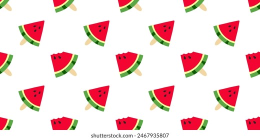 Ice cream Watermelon pattern. Seamless Print of a triangular piece of summer fruit with seeds on a stick. Bite a sweet dessert. Lollipop. Juicy, refreshing food. Vector illustration