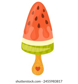 Helado. Paletas de sandía, golosina congelada frutal aislada en blanco. Yogur rosa congelado en palo de madera. Postre dulce refrescante de verano. Ilustración vectorial aislada