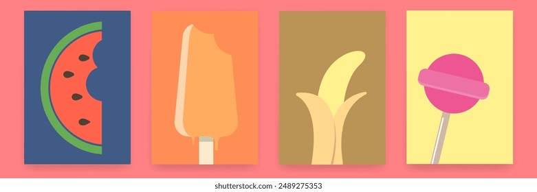 Ice cream, Watermelon slice, banana, popsicle and lolipop summer poster set. Summer time and vacations background patterns and posters set. Perfect background for posters, cover art, flyer, banner.