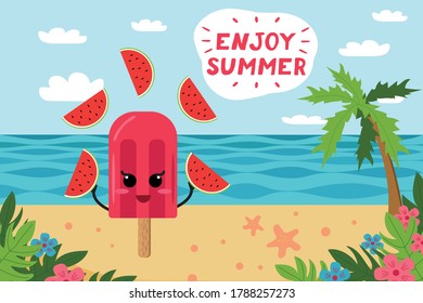 ice cream and watermelons, cheerful character, lettering enjoy summer, flat style, vector, vacation, sea, beach, palm, flowers, tropical leaves, starfish, beach, card, poster, funny cute