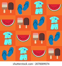 Ice cream, watermelon,sandals and beach wear pattern on orange shade background. Childish handcrafted for design card, scrapbook, textile, t shirt etc.what do you think when summer  season concept.