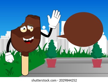 Ice Cream with waving hand. Summer refreshment, sweet food as a cartoon character with face.