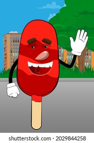 Ice Cream with waving hand. Summer refreshment, sweet food as a cartoon character with face.