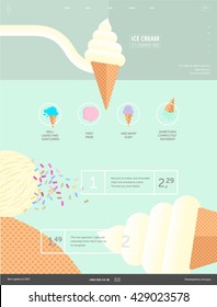 Ice cream website pastel green template - web layout componed of web banner with ice cream flat cartoon illustration header, menu,icons, ice cream scoops on a background and template for product menu
