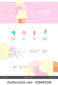 Ice cream website pink template - a web layout componed of web banner with ice cream flat cartoon illustration, header, menu, few icons, ice cream scoops on a background and template for product menu