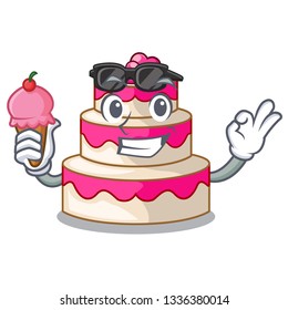With ice cream wedding cake above wooden cartoon table