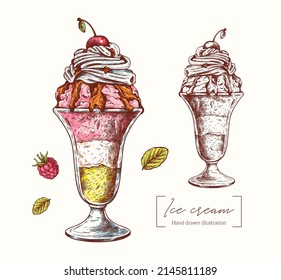 Ice cream with whipped cream and cherries in a glass. Vector hand drawn ice cream in engraving style. Summer dessert illustration for card, package, menu, restaurants, textile