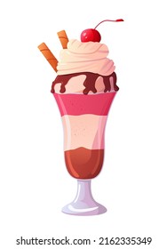 
Ice cream with whipped cream and cherry isolated on white background. Vector Cute Illustration in cartoon style.