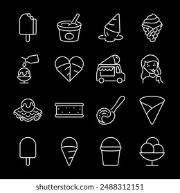 Ice cream, white line icons. Different ice cream products including cones, cups, and sundaes. Perfect for dessert and food service themes. Symbols on black background. Editable stroke.