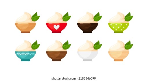 Ice cream, white sauces, yogurts, puree, dairy products in ceramic and wooden bowls. Vector cartoon set of baby food, mayonnaise, mousse, vanilla desserts, sour cream
