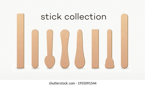 Ice cream wooden stick set realistic style with isolated on transparent background. Eco friendly food accesories. Medical tongue depressors. Vector 10 eps