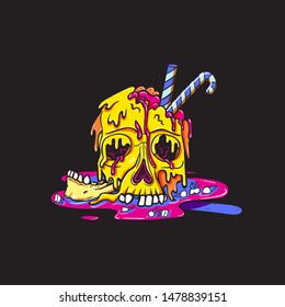 Ice cream yellow skull melts and flows. Broken jaw, teeth fell out. Candy cane sticks out of ice cream. Creepy cartoon illustration for prints, t-shirts, Halloween or tattoo. 