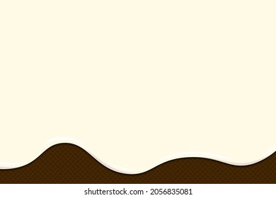 Ice cream or yogurt melt on chocolate waffle. White creamy or milk liquid drips flow on toasted crispy biscuits. Glazed wafer sweet cake texture. Blank background template for banner or poster. Eps