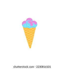 Ice cream yummy vector illustration isolated on white background. Tasty icon. Ice cream in a waffle cone with balls. Sweet dessert. Frozen mint snack. Sticker. Graphic image for kids books.
