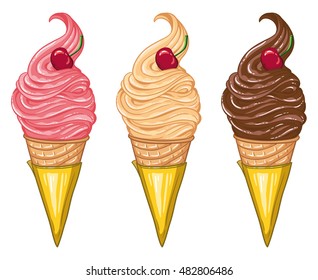 Ice cream.Chocolate, strawberry  and vanilla ice cream in the cone on white background with a cherry.