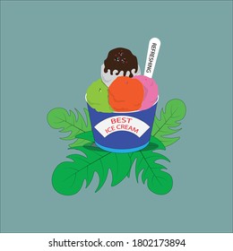 Ice cream,clean snacks placed on green vegetables,in vector style.