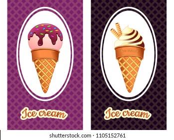Ice cream-cone with syrup. Vector illustration. Ice cream labels. Set.