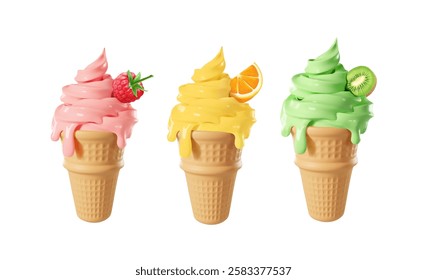 Ice creams 3d collection. Fruit dripping ice cream set in a waffle cone isolated background. Kiwi, raspberry, orange taste flavor Vector realistic
