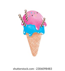 ice creams cone tasty watercolor style, Sweet summer delicacy sundaes ice-cream cones and popsicle icon isolated Vector illustration element on white background