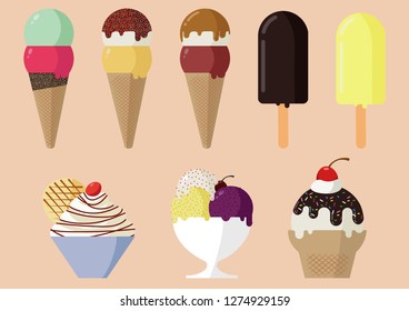 Ice creams. Ice cream cones and bowls flat vector illustration set.