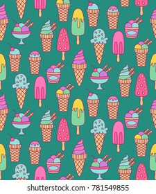 Ice creams cute colorful doodle icons seamless vector pattern