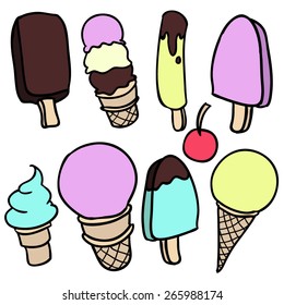 Ice Creams Doodles Cartoon vector set