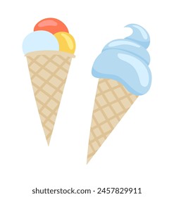 Ice creams in flat design. Cold delicious gelato and sundae balls dessert. Vector illustration isolated.