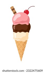 Ice Creams Flat Illustration, Sweet Tasty Desserts, Ice Cream Waffle Cones, Popsicles with Different Toppings Cartoon Vector Illustration