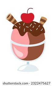 Ice Creams Flat Illustration, Sweet Tasty Desserts, Ice Cream Waffle Cones, Popsicles with Different Toppings Cartoon Vector Illustration