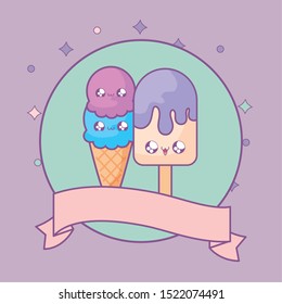 ice creams in frame circular with ribbon kawaii style vector illustration design