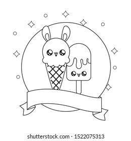 ice creams in frame circular with ribbon kawaii style vector illustration design