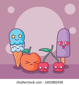 ice creams and fruits cartoons design, Kawaii expression cute character funny and emoticon theme Vector illustration